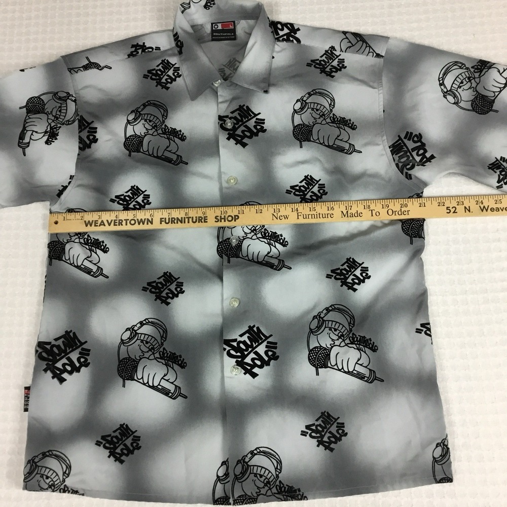 Southpole Mens Large Short Sleeve Button Up Shirt Gray Graffiti Hip Hop MC Print - Picture 5 of 10